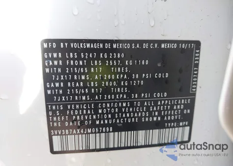 2018 Volkswagen Tiguan 2.0T Se/2.0T Sel from USA, damaged, VIN 3VV3B7AX4JM057698